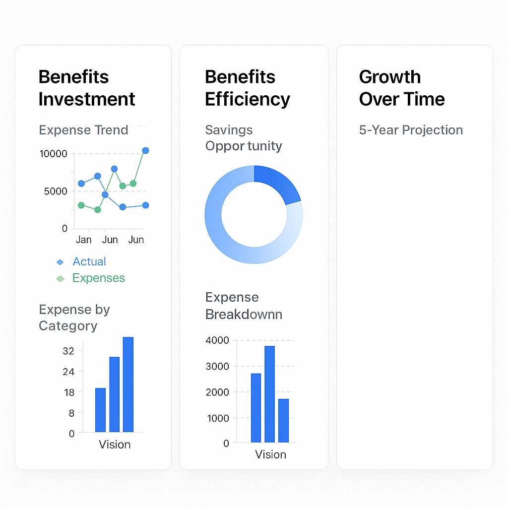Benefits Analysis Dashboard showing investment trends, efficiency metrics, and growth projections